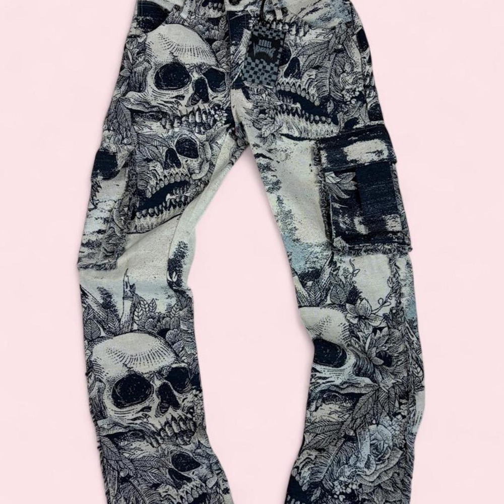 Rebel Vengeance Skull Print Cargo Pants Men 28 Goth Punk Grunge Distressed